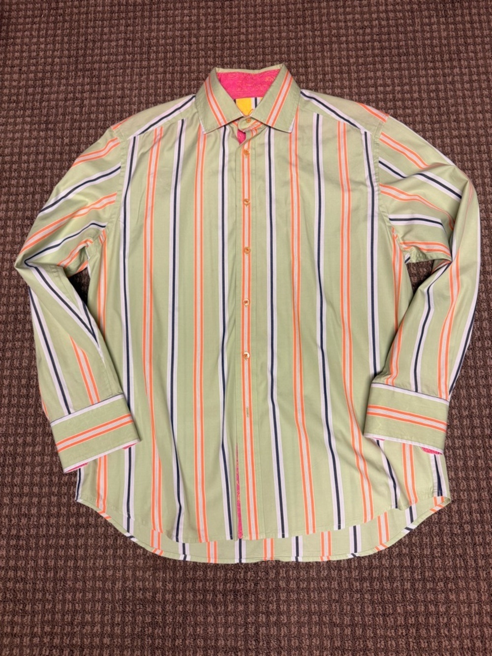 Robert Graham Light Green Shirt with Orange and Navy Stripes